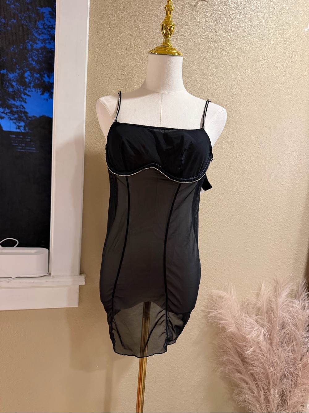 Black Sheer Slip Dress with Contrast Trim